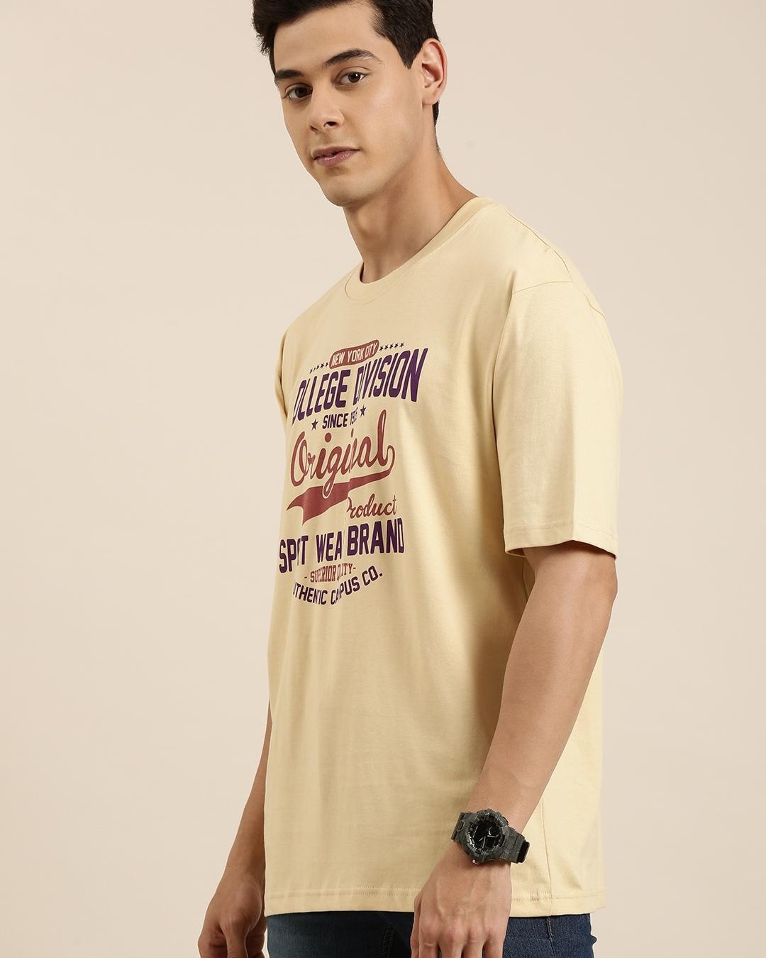 Shop Men's Beige Original Typography Oversized T-shirt-Front