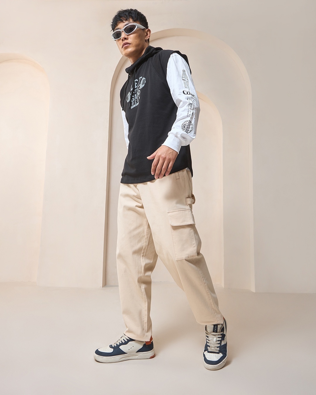 Men's Beige Cargo Carpenter Pants paired with teal blue shirt