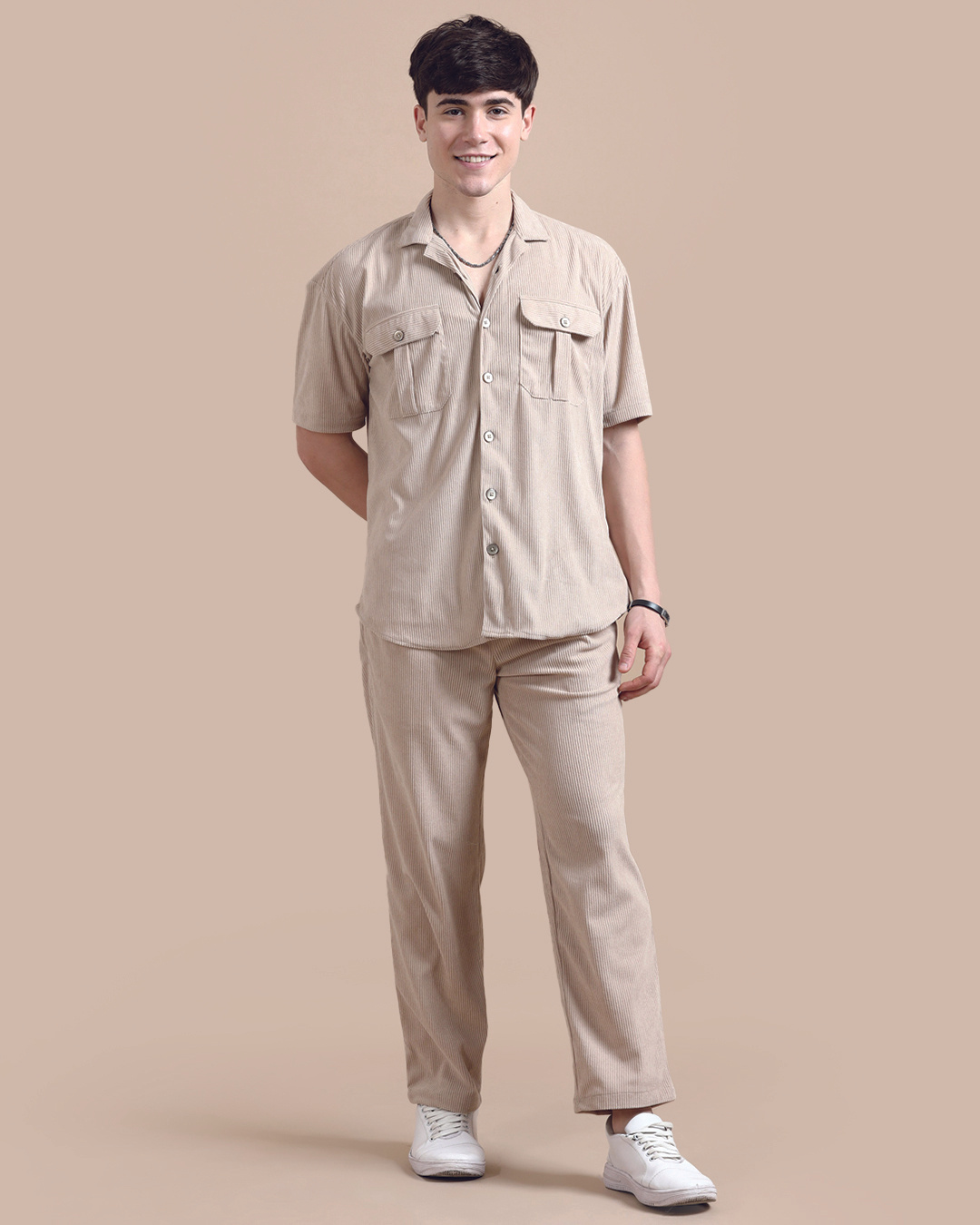 beige cord set for men