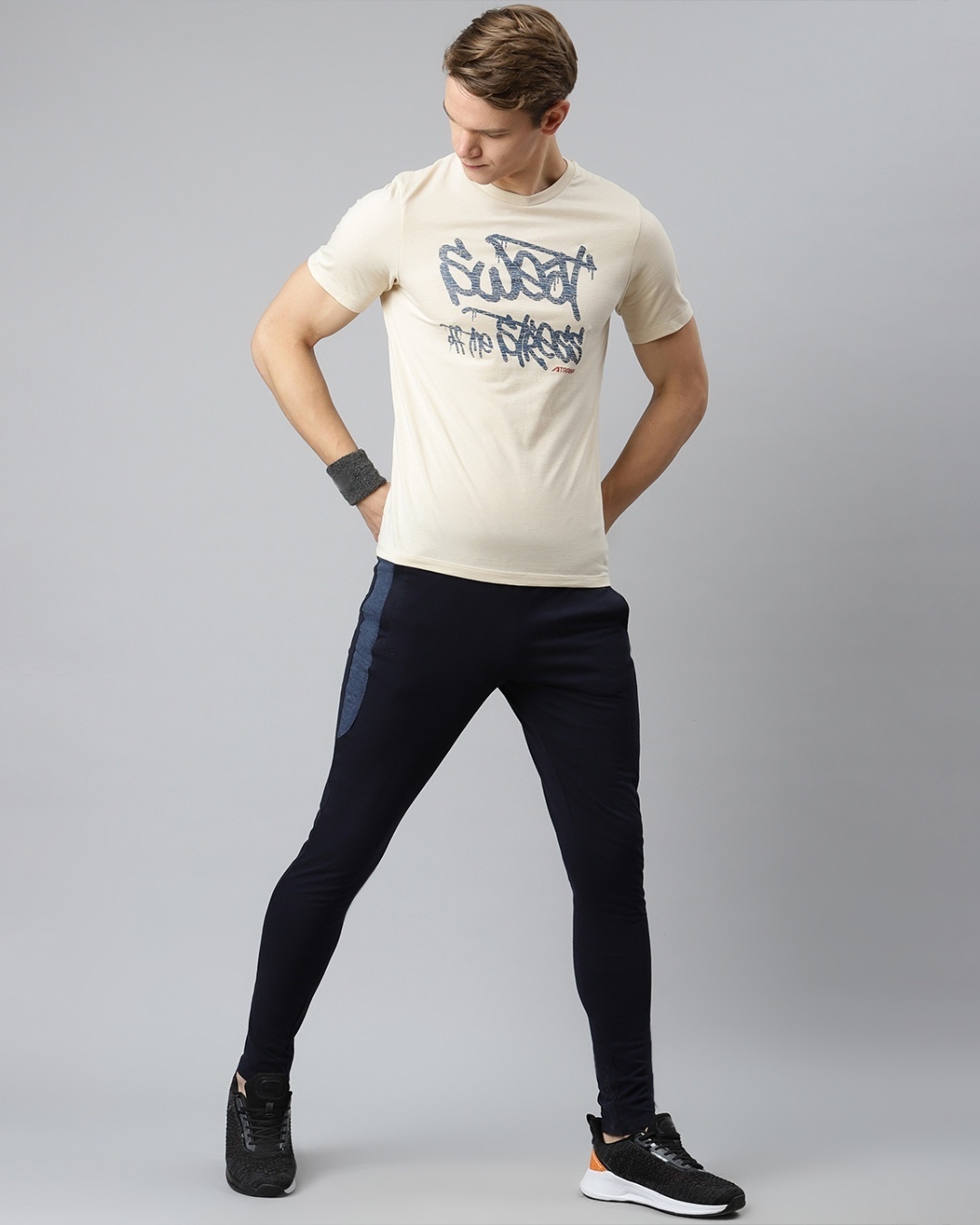 Shop Men's Beige Sweat The Stress Typography Slim Fit T-shirt-Full