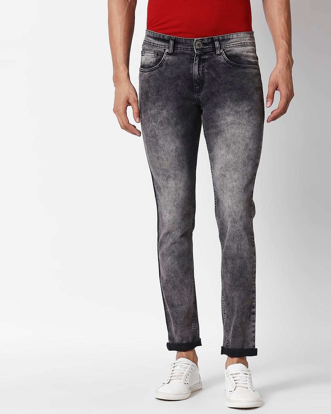 Shop Men's Black Acid Washed Slim Fit Mid Rise Jeans-Front