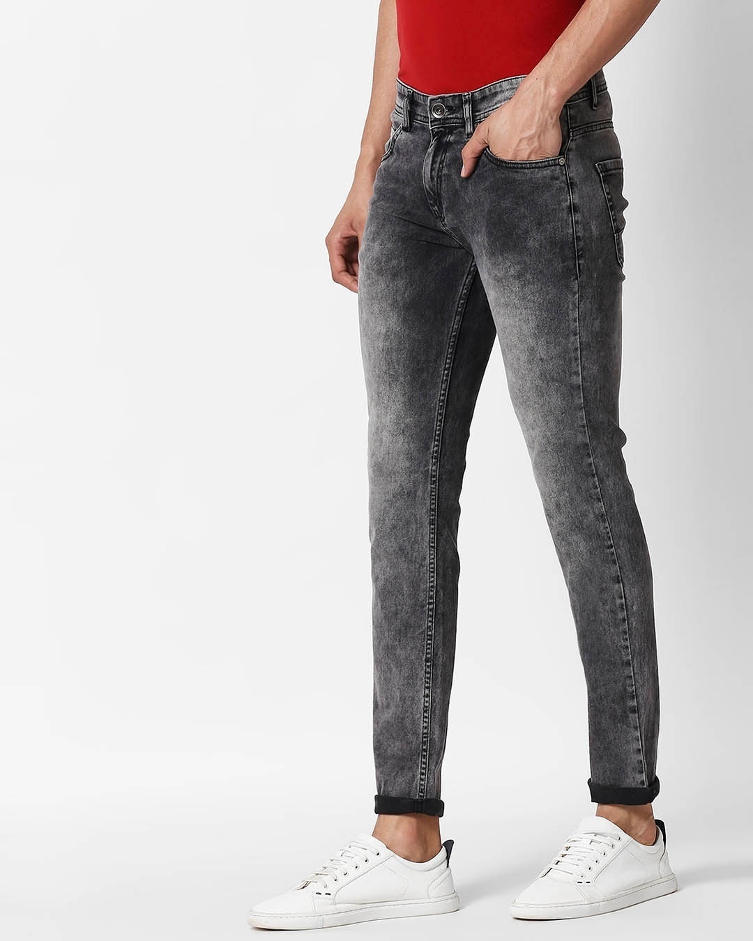 Shop Men's Black Acid Washed Slim Fit Mid Rise Jeans-Back