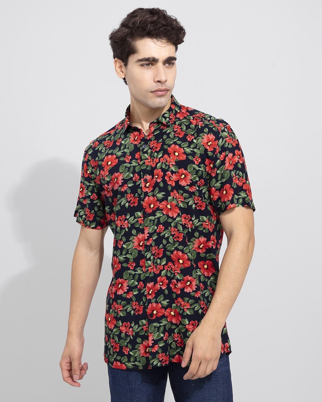 Buy Men's Black All Over Floral Printed Slim Fit Shirt for Men Black ...