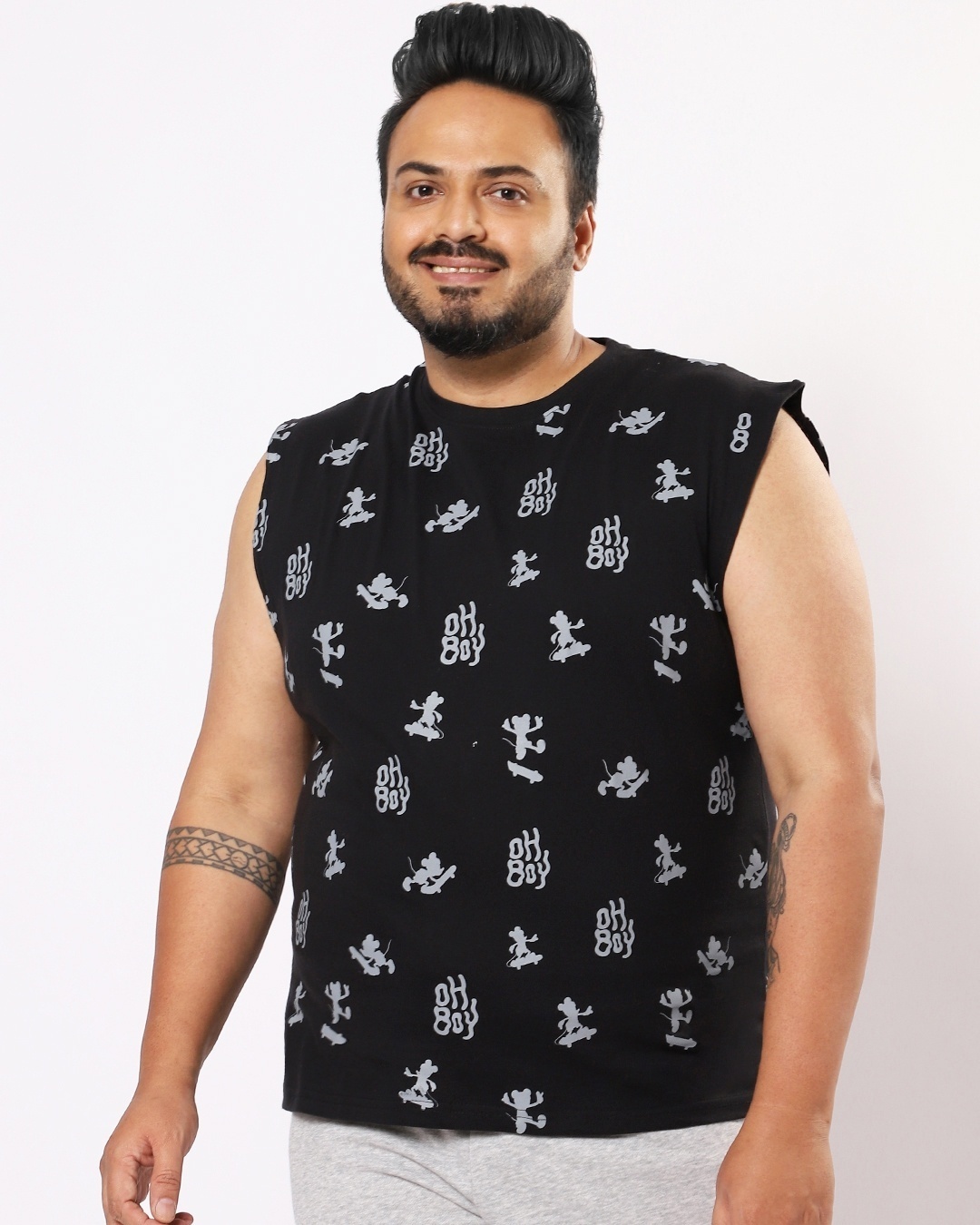 Shop Men's Black All Over Mickey Printed Plus Size Lounge Vest-Back