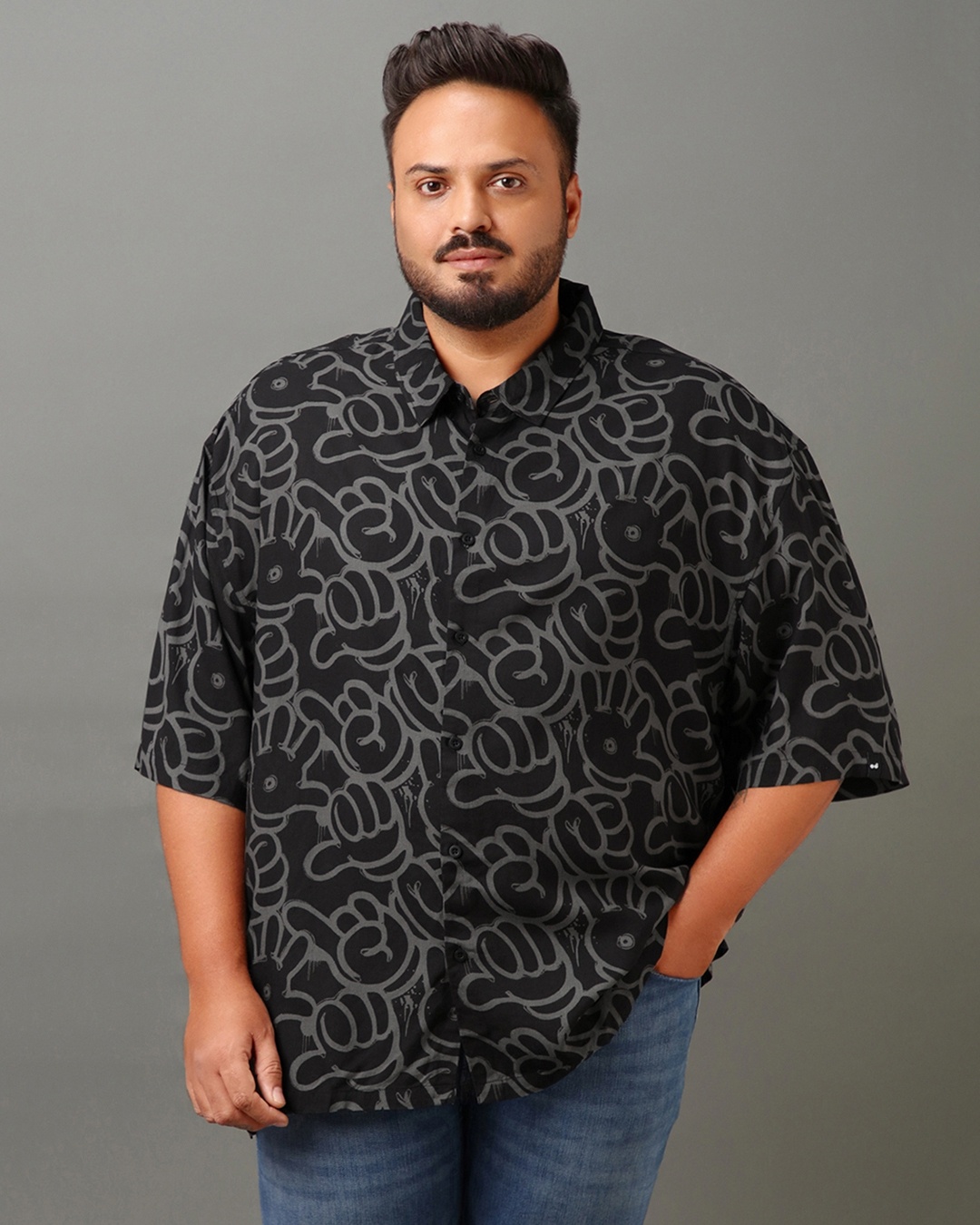 Men's Black All Over Printed Super Loose Fit Plus Size Shirt