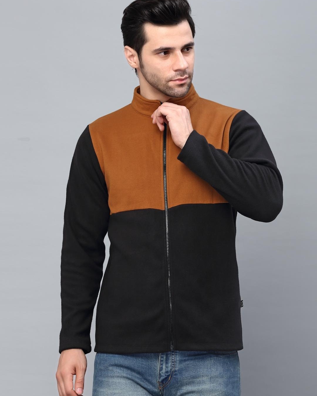 Shop Men's Black and Brown Color Block Slim Fit Jacket-Front
