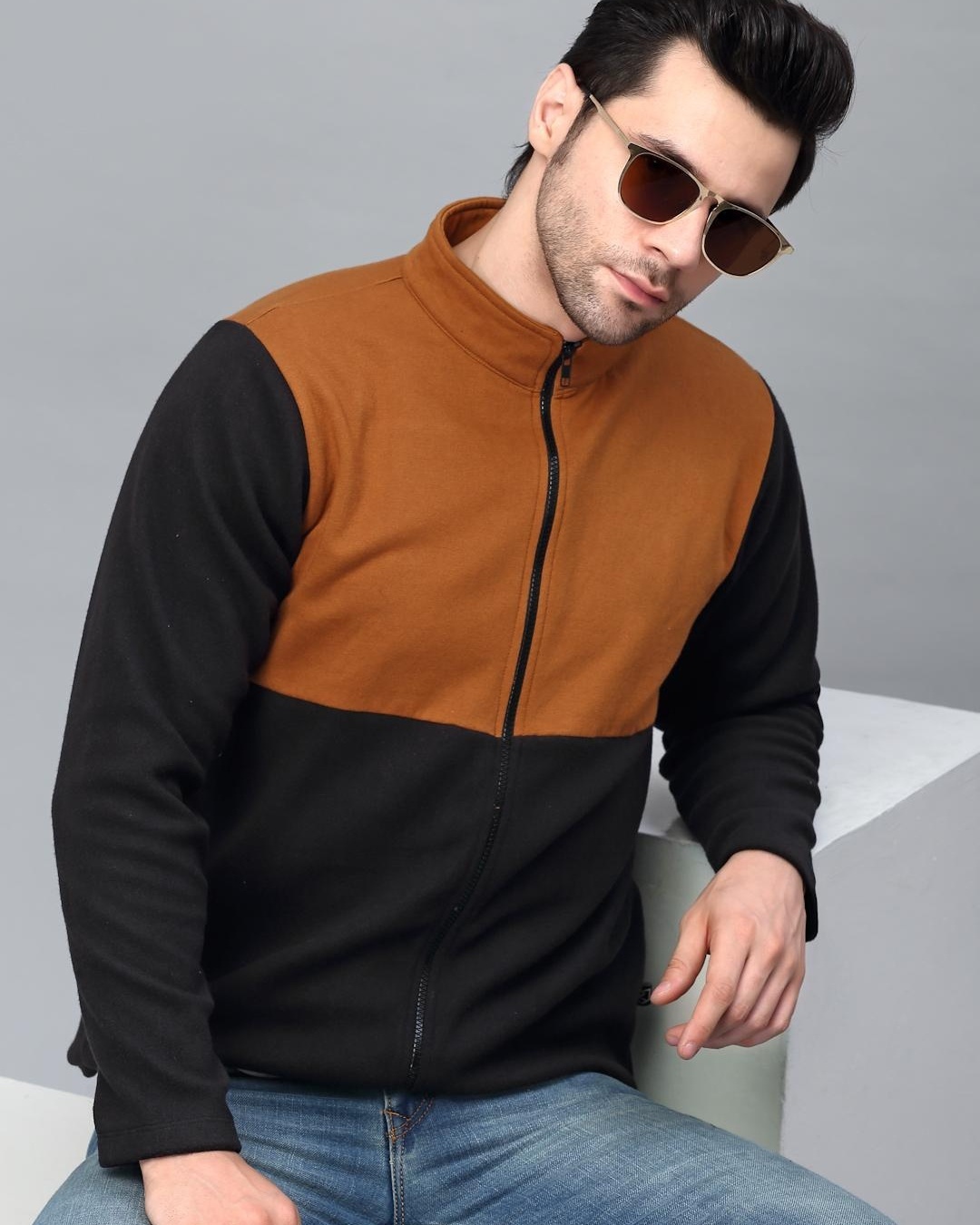 Shop Men's Black and Brown Color Block Slim Fit Jacket