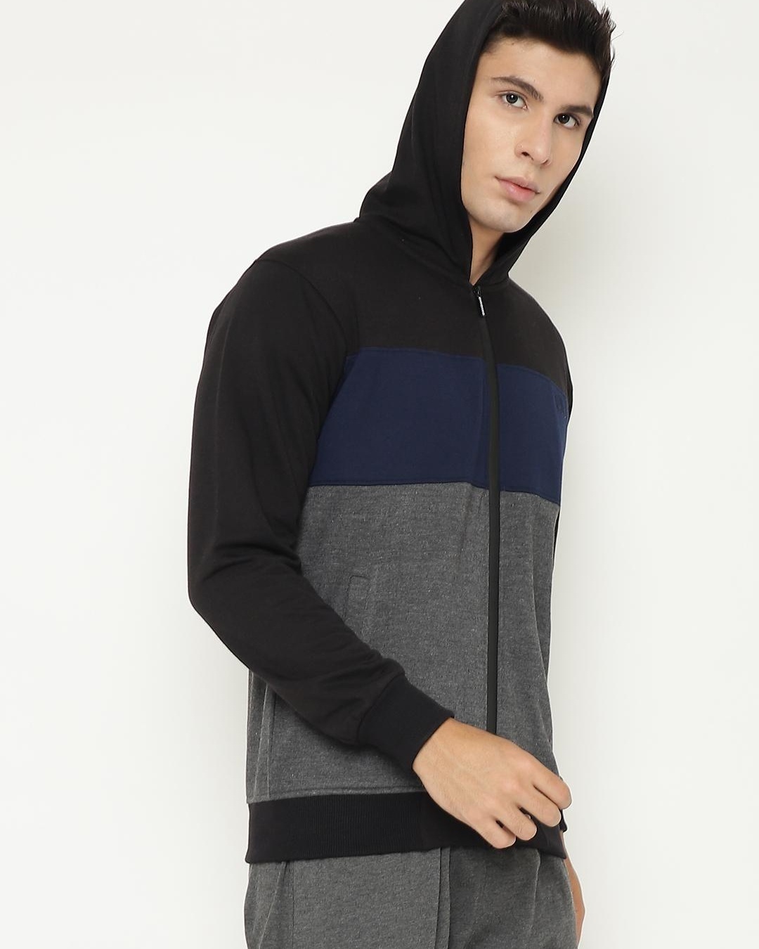 Buy Men's Black and Grey Color Block Hooded Jacket for Men Black Online