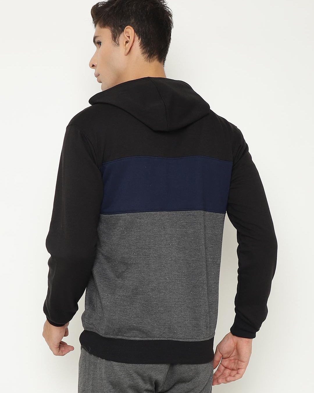Buy Men's Black and Grey Color Block Hooded Jacket for Men Black Online