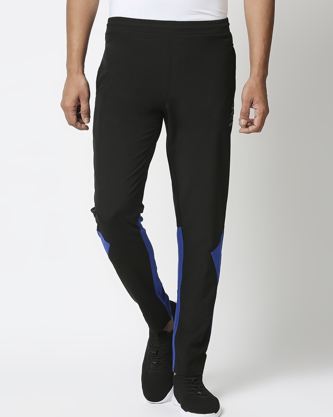 Shop Men's Black & Blue Color Block Slim Fit Track Pants-Front