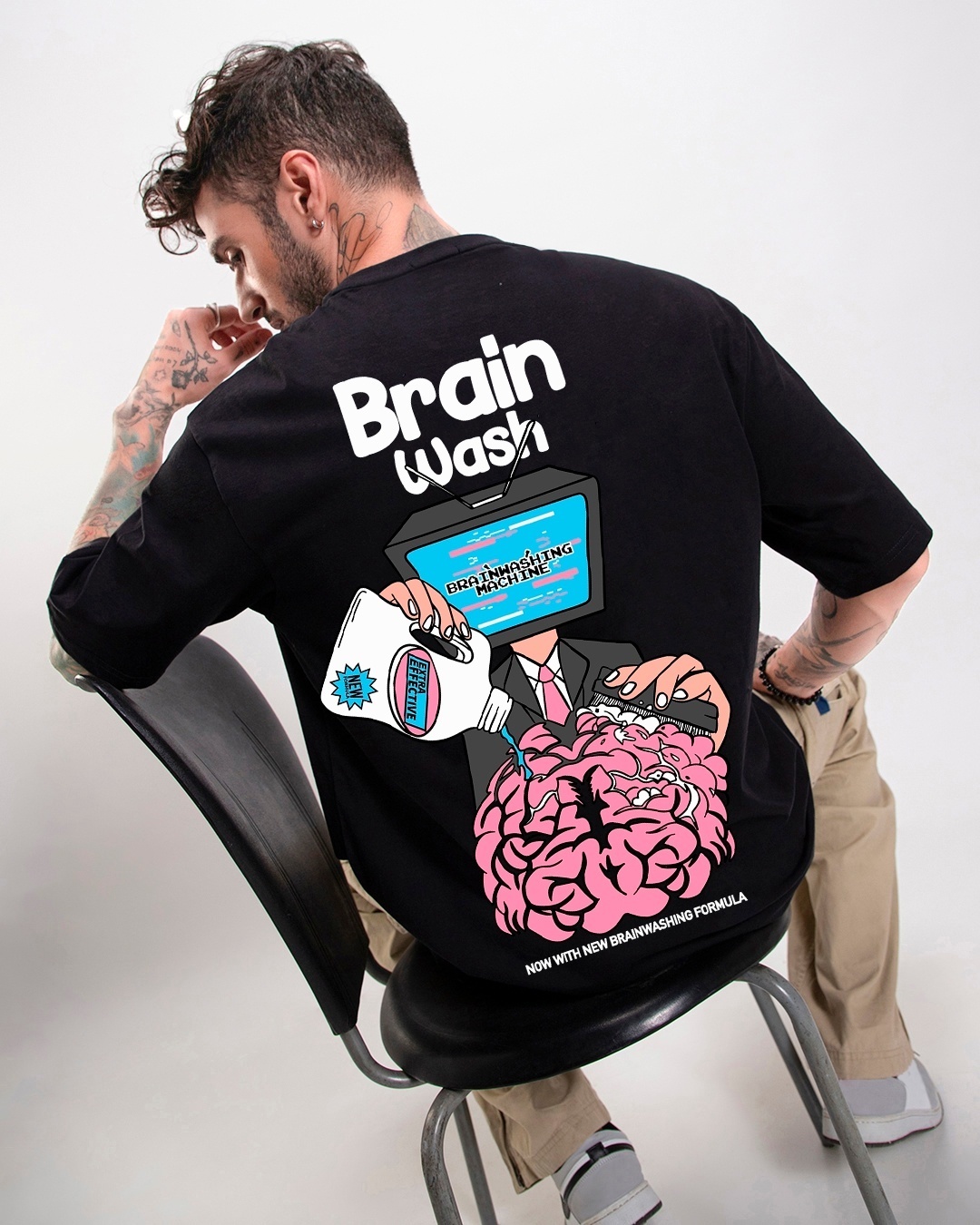 Buy Men's Black Brain Wash Graphic Printed Oversized T-shirt