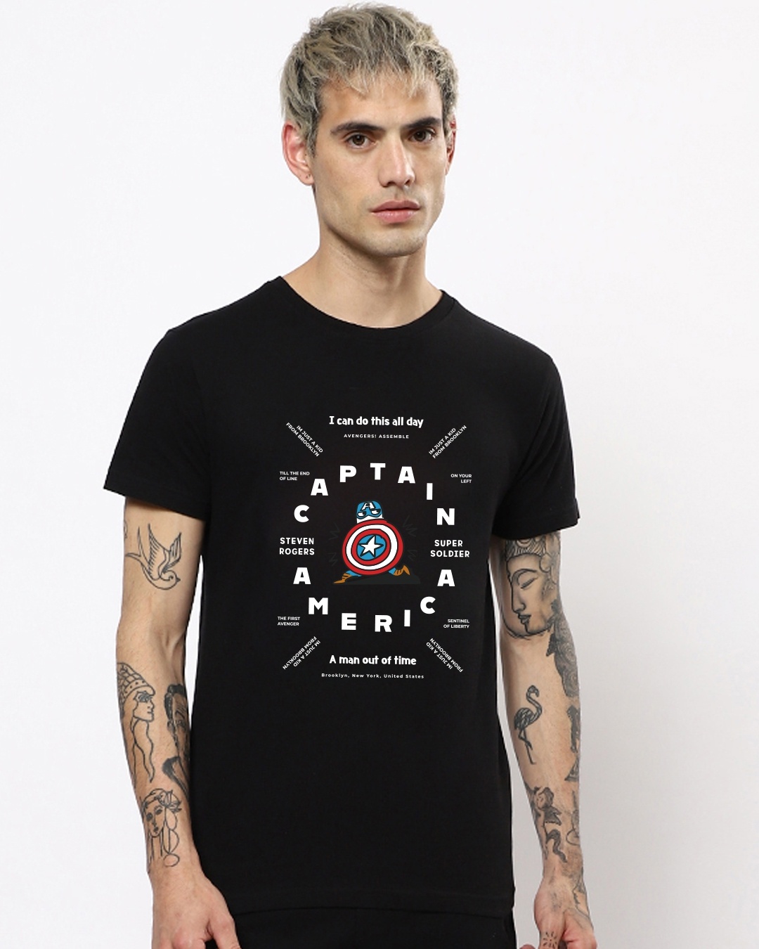 Shop Men's Black Captain America Chibi Typography T-shirt-Front