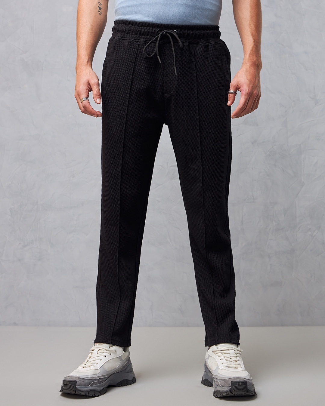 men wearing black straight fit types of joggers