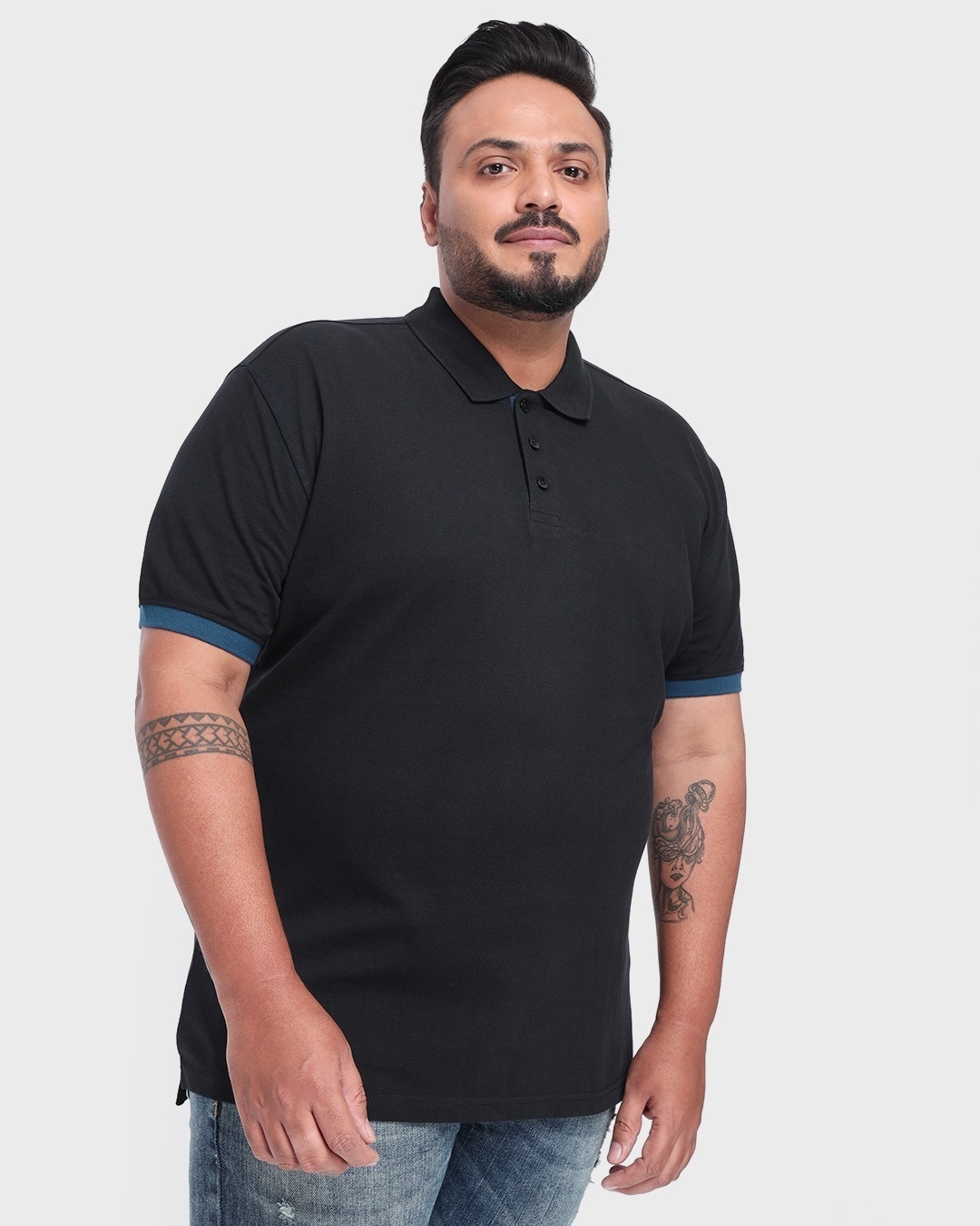 Shop Men's Black Cuffed Sleeve Plus Size Polo T-shirt-Front