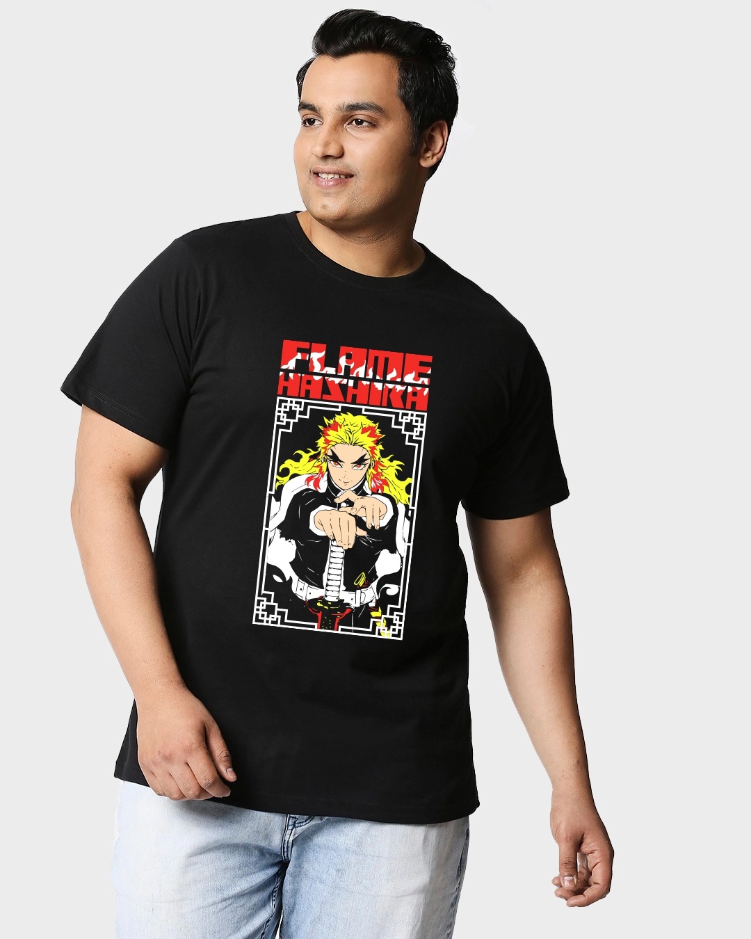 Shop Men's Black Flame Anime Printed Plus Size T-shirt-Front