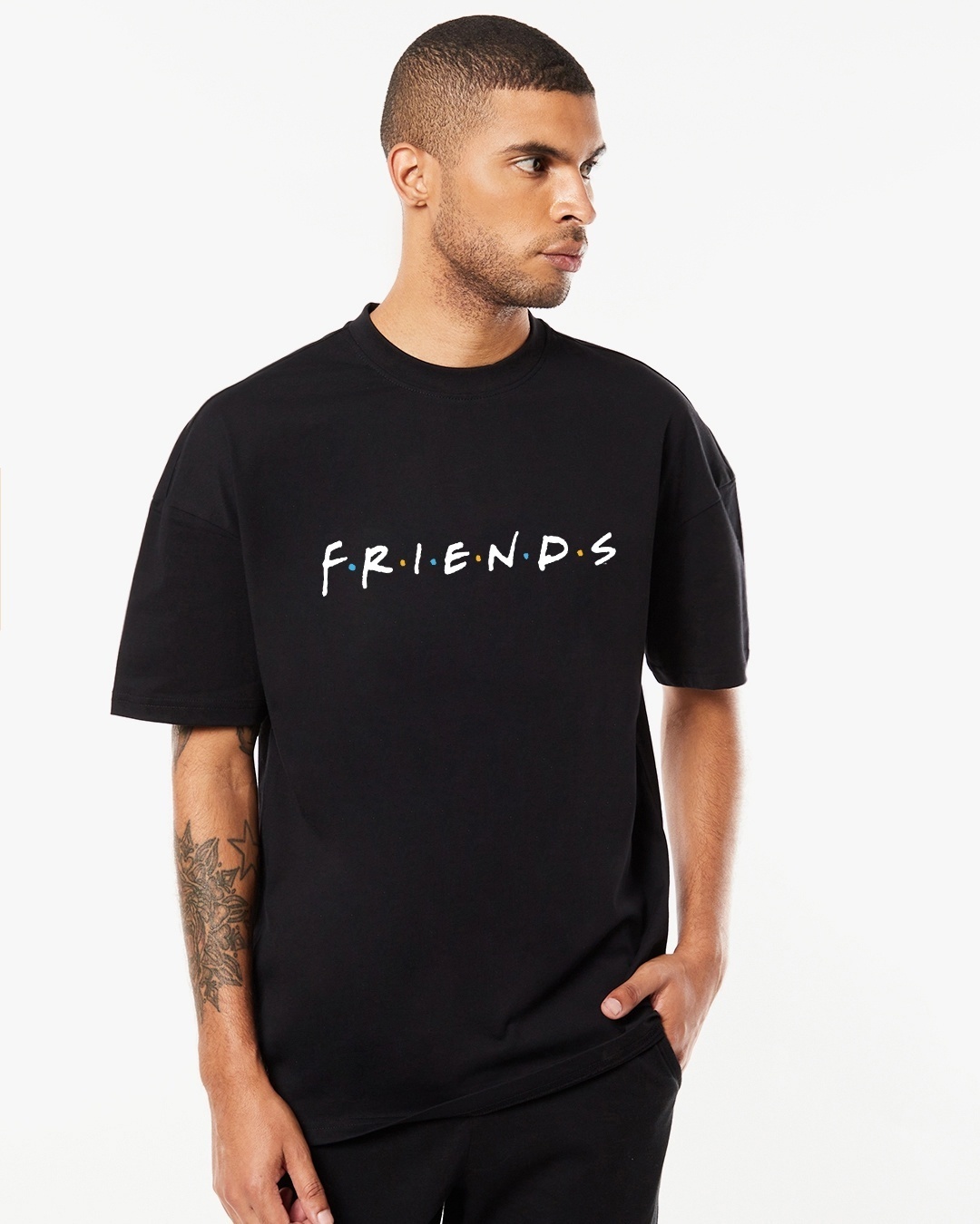 Shop Men's Black Friends Logo (FRL) Printed Oversized T-shirt-Front