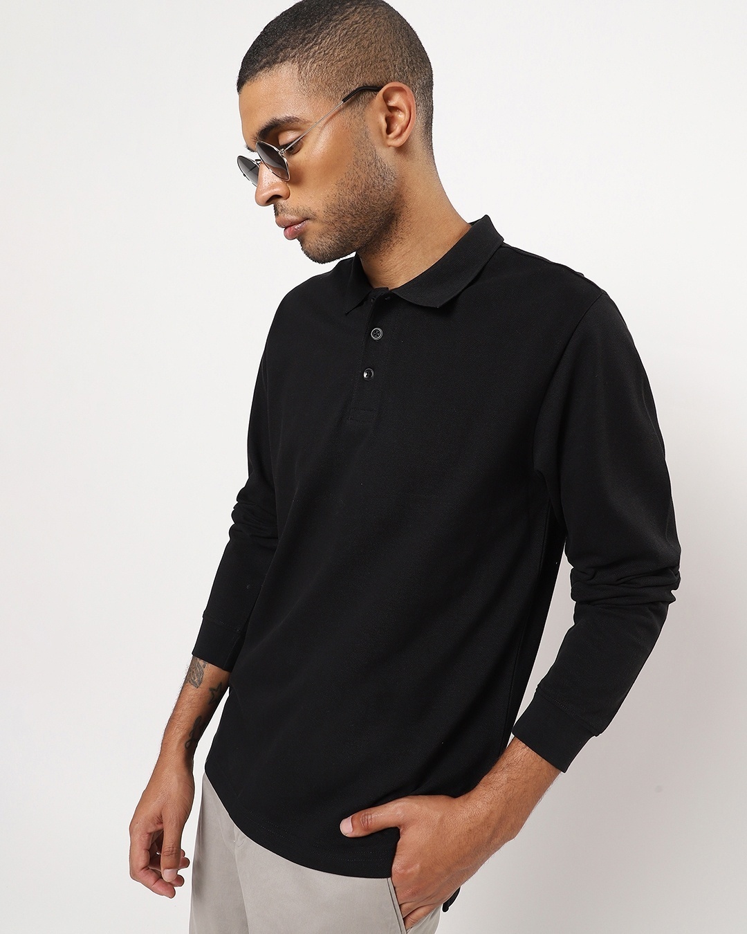 Shop Men's Black Full Sleeve Polo T-shirt-Front