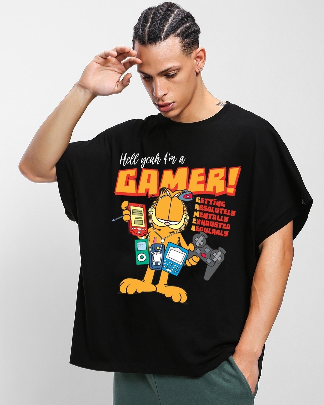 Buy Men's Black Gamer Garfield Graphic Printed Super Loose Fit