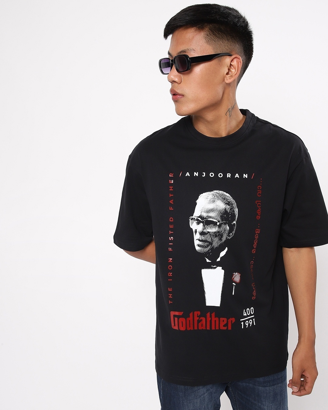 Shop Men's Black Godfather Graphic Printed Oversized T-shirt-Front