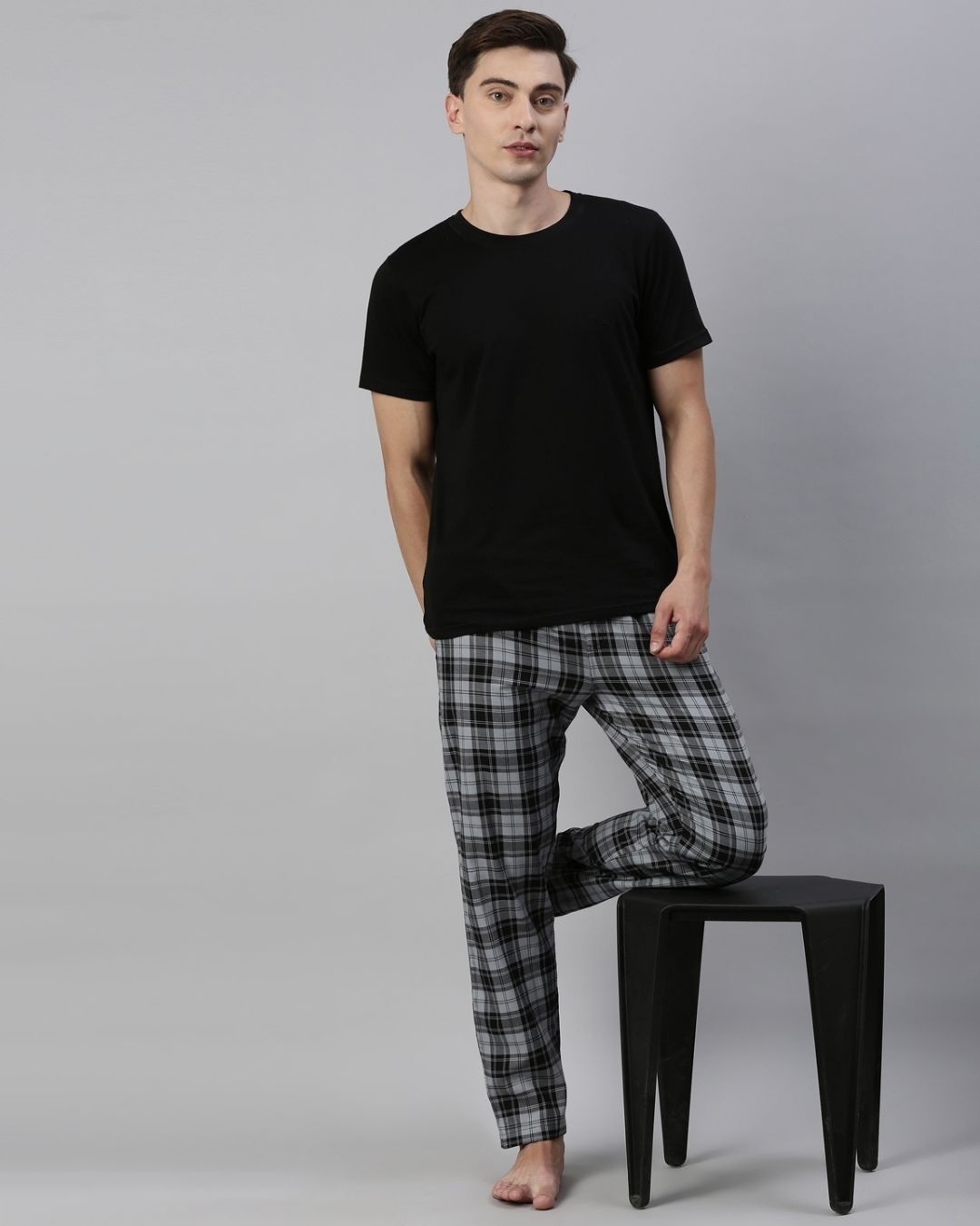 Shop Men's Black & Grey Checked Cotton Pyjamas-Front