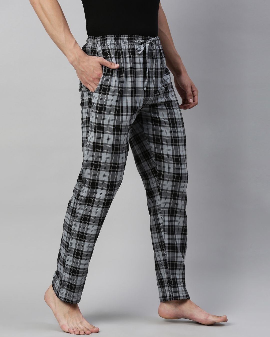 Shop Men's Black & Grey Checked Cotton Pyjamas-Back