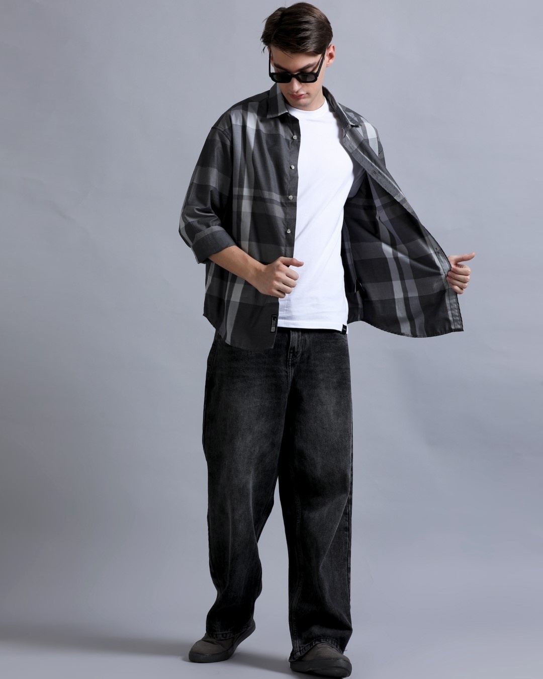 Men's Black & Grey Checked Oversized Shirt paired with black shirt