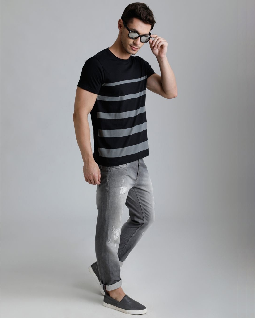 Shop Men's Black & Grey Striped T-shirt-Full
