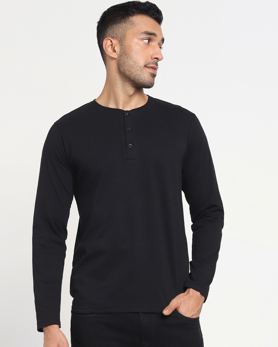Shop Men's Black Henley Plus Size T-shirt-Front
