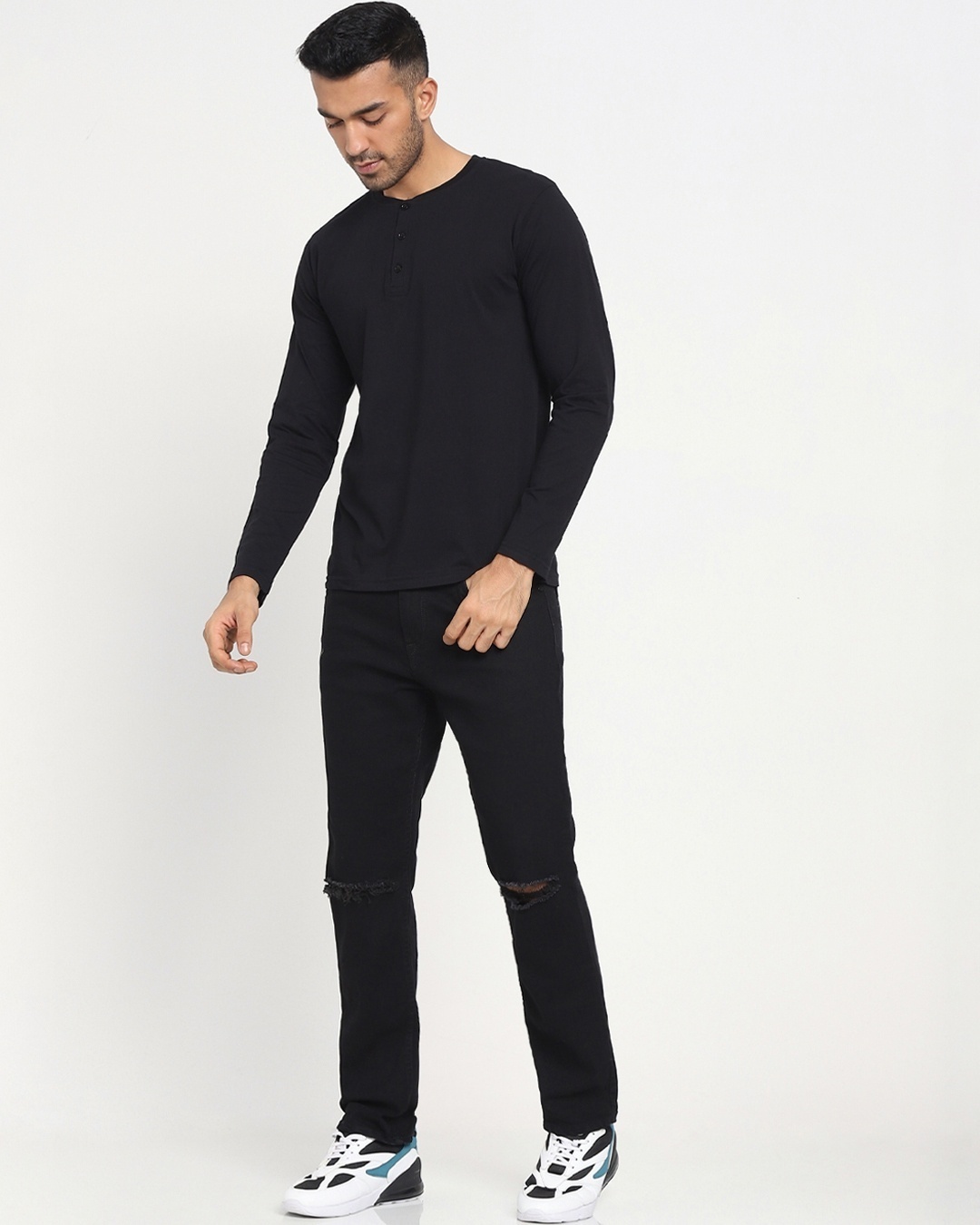 Shop Men's Black Henley Plus Size T-shirt-Full