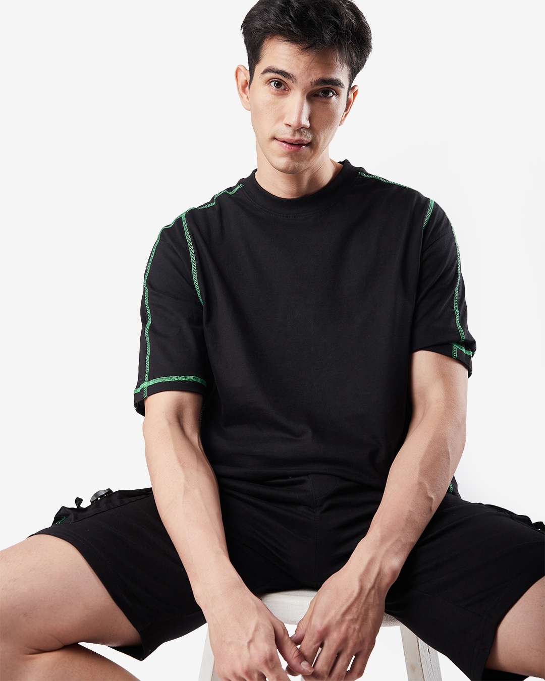 Shop Men's Black High Neck Oversized T-shirt-Full