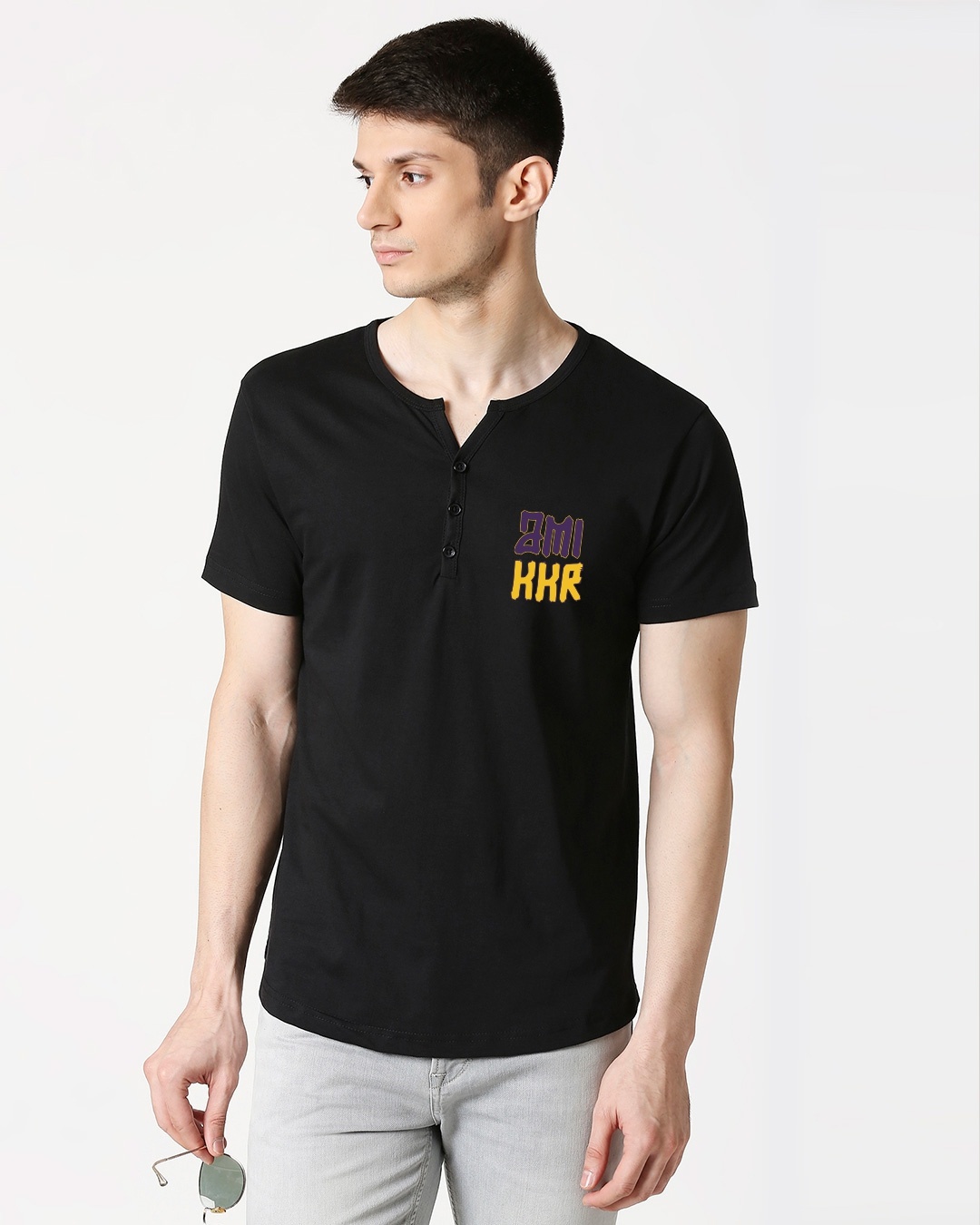Shop Men's Black KKR Fans Typography Henley T-shirt-Front