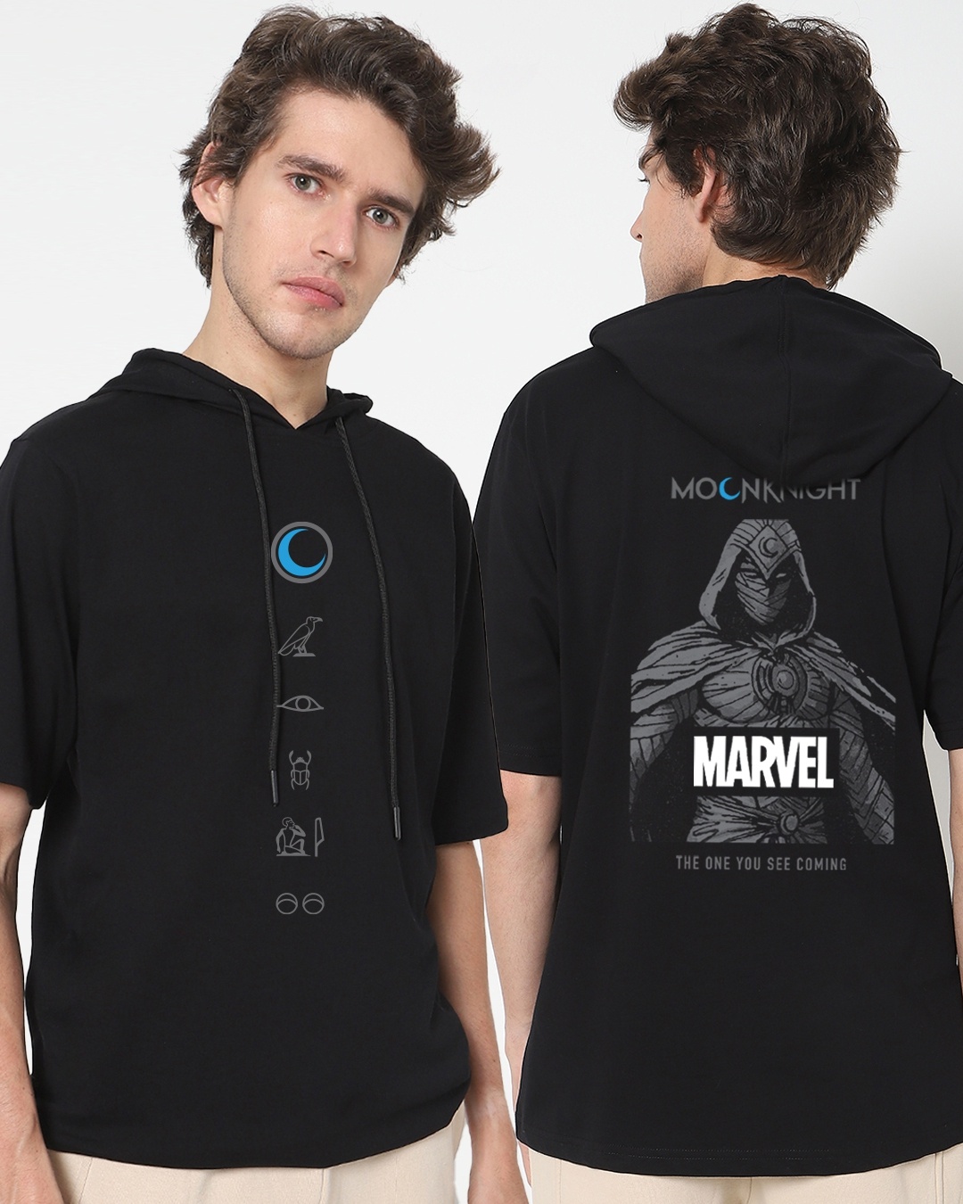 Shop Men's Black Marvel MoonKnight Graphic Printed Oversized Hoodie T-shirt-Front