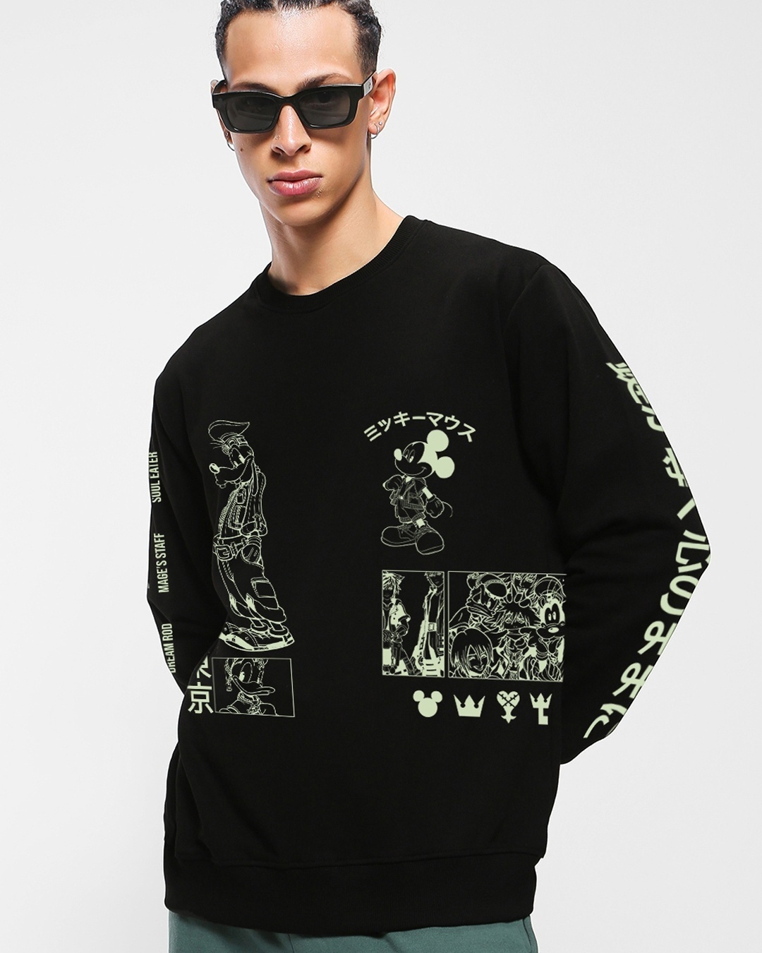 Men's Black Mickey's Kingdom Graphic Printed Sweatshirt paired with baggy jeans