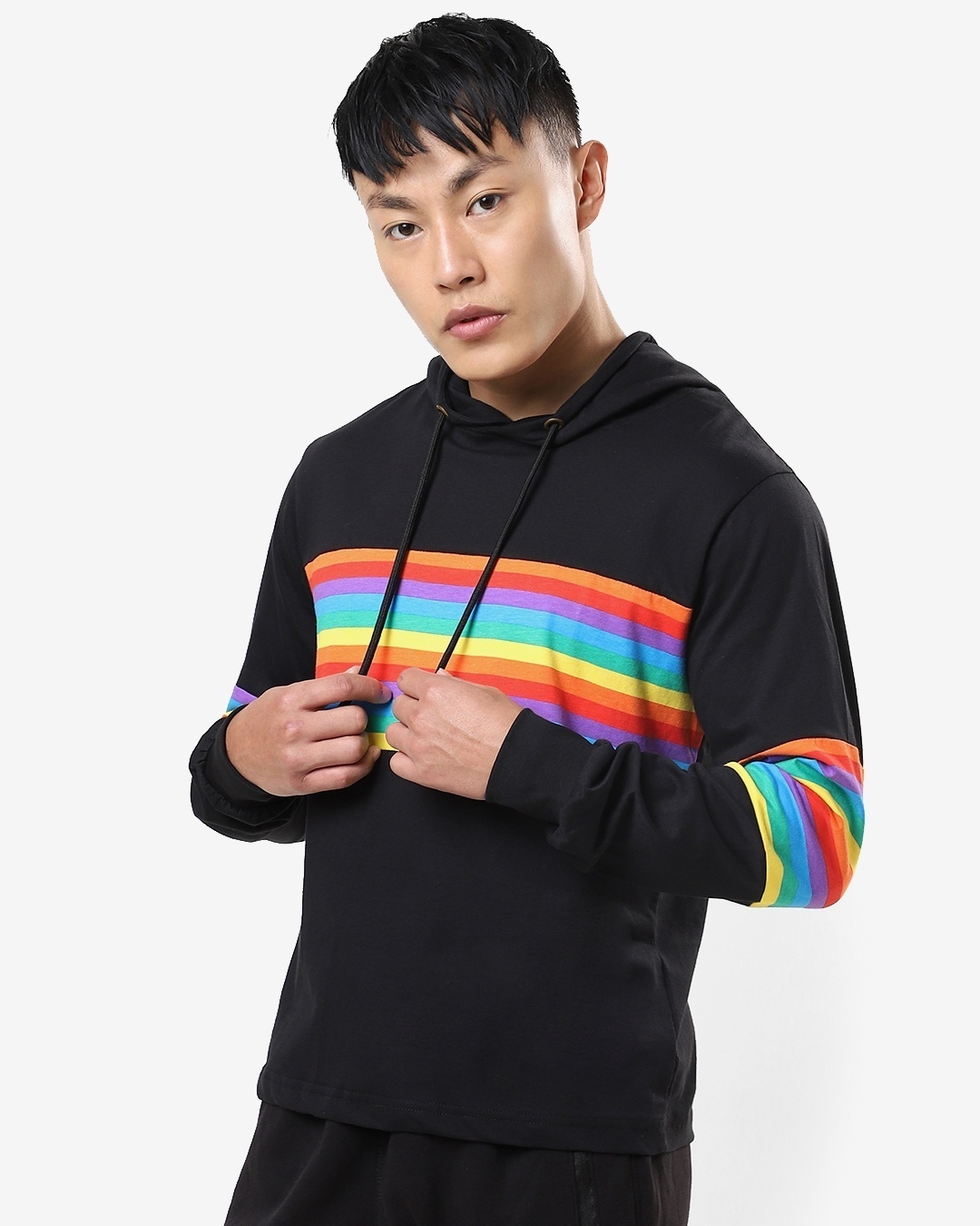 Shop Men's Black Multicolor Stripe Plus Size Hoodie Sweatshirt-Back