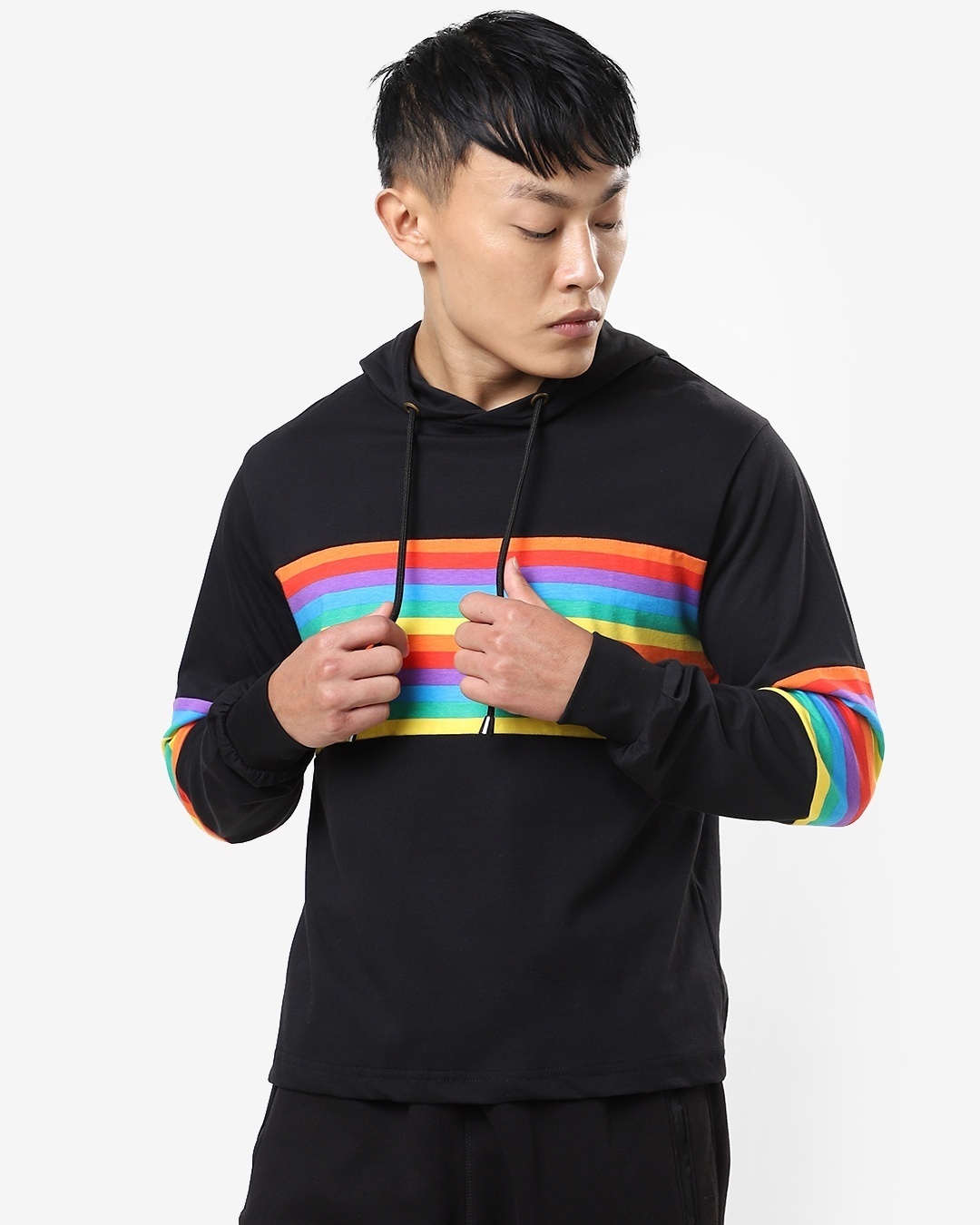 Shop Men's Black Multicolor Stripe Plus Size Hoodie Sweatshirt-Design