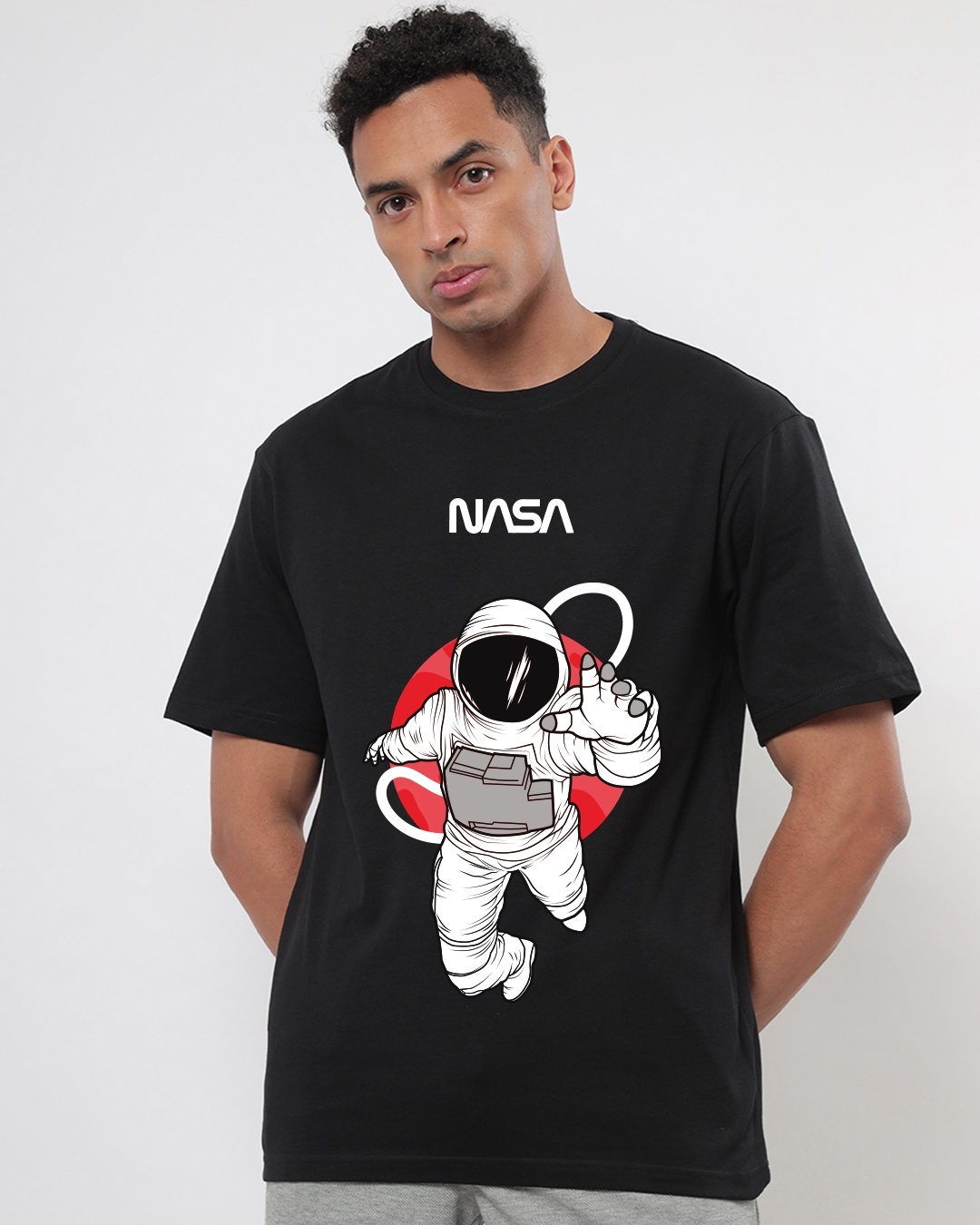 Shop Men's Black NASA Astronaut Graphic Printed Oversized Fit T-shirt-Front