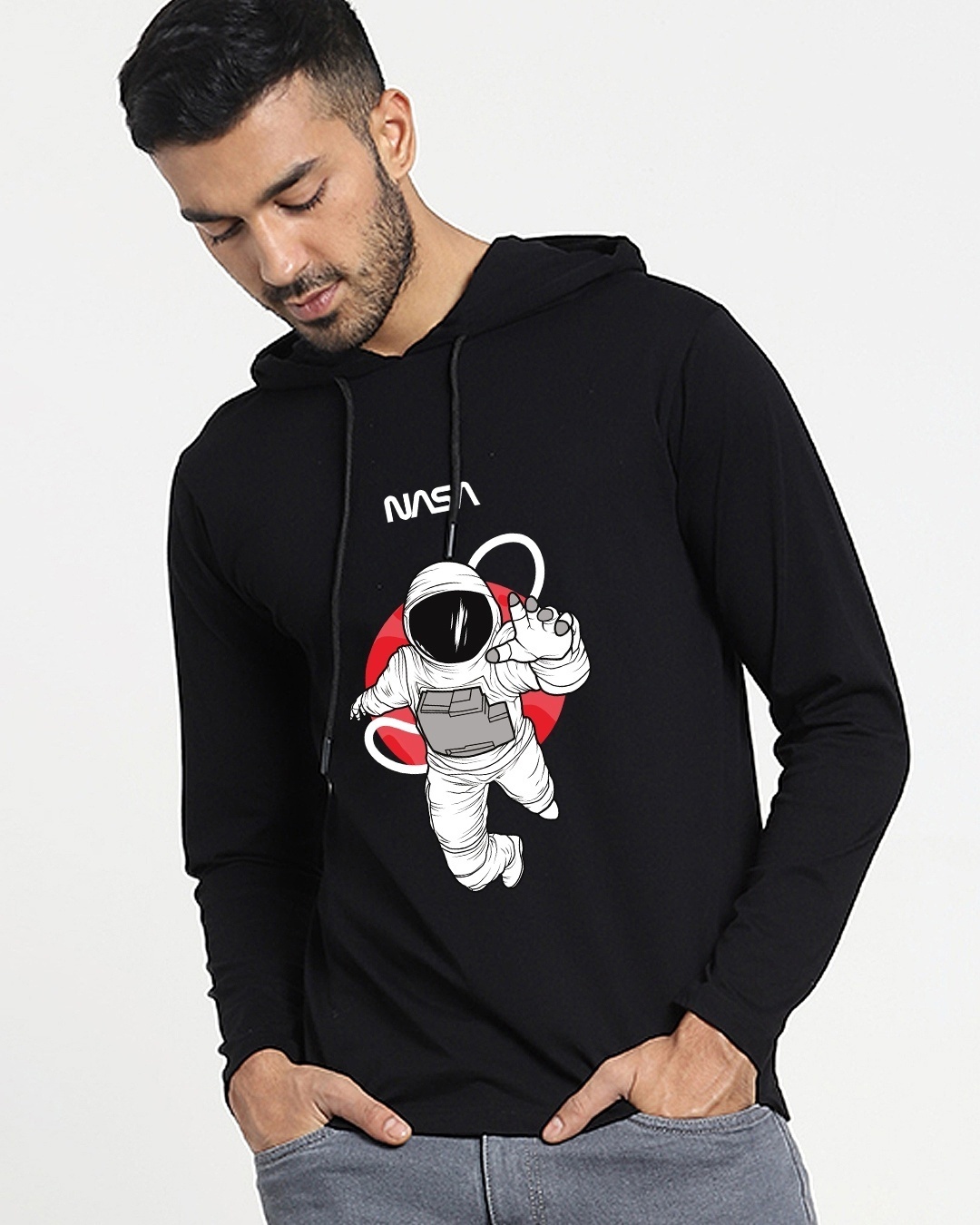Shop Men's Black NASA Graphic Printed Hoodie T-shirt-Front