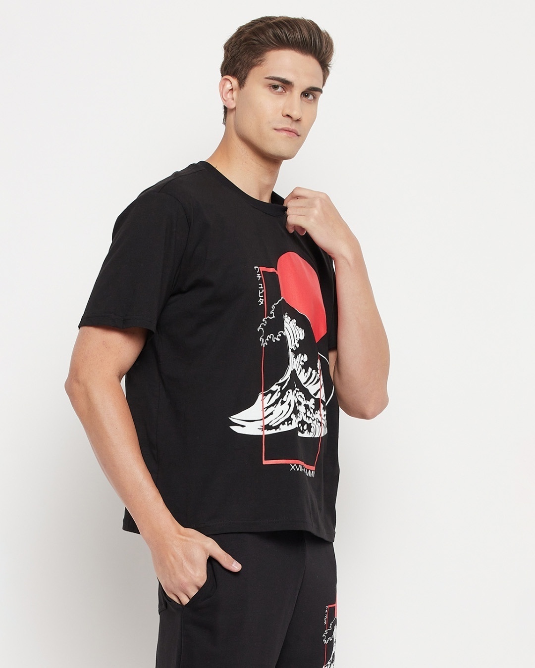 Shop Men's Black Oriental Waves Graphic Printed Oversized T-shirt-Full