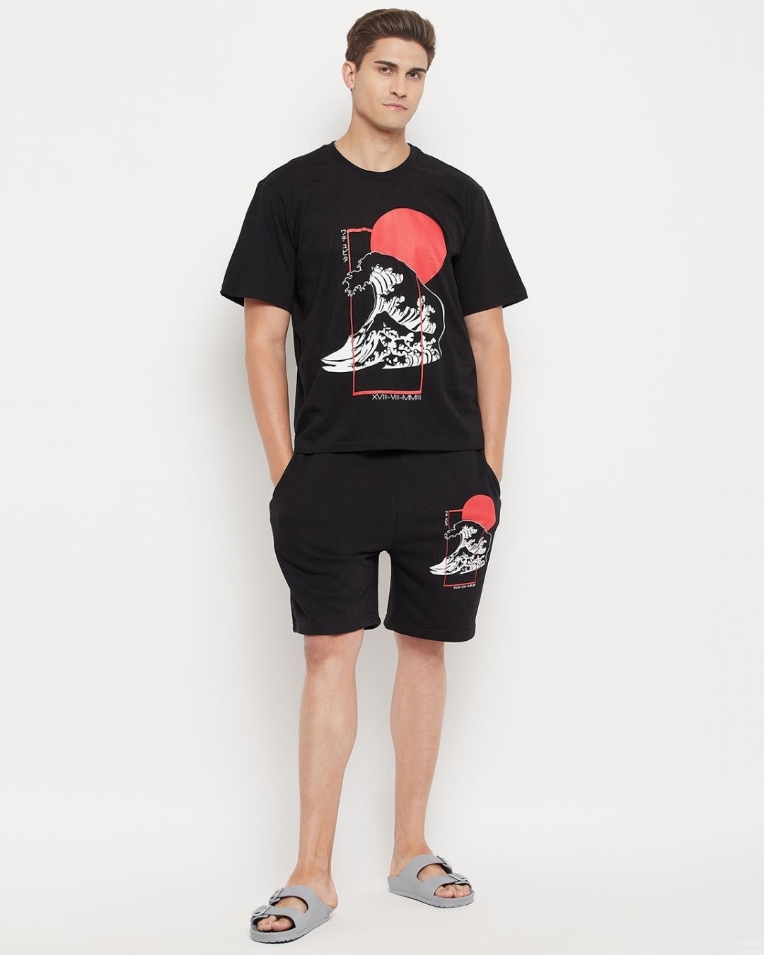Shop Men's Black Oriental Waves Graphic Printed Oversized T-shirt & Shorts Set-Front