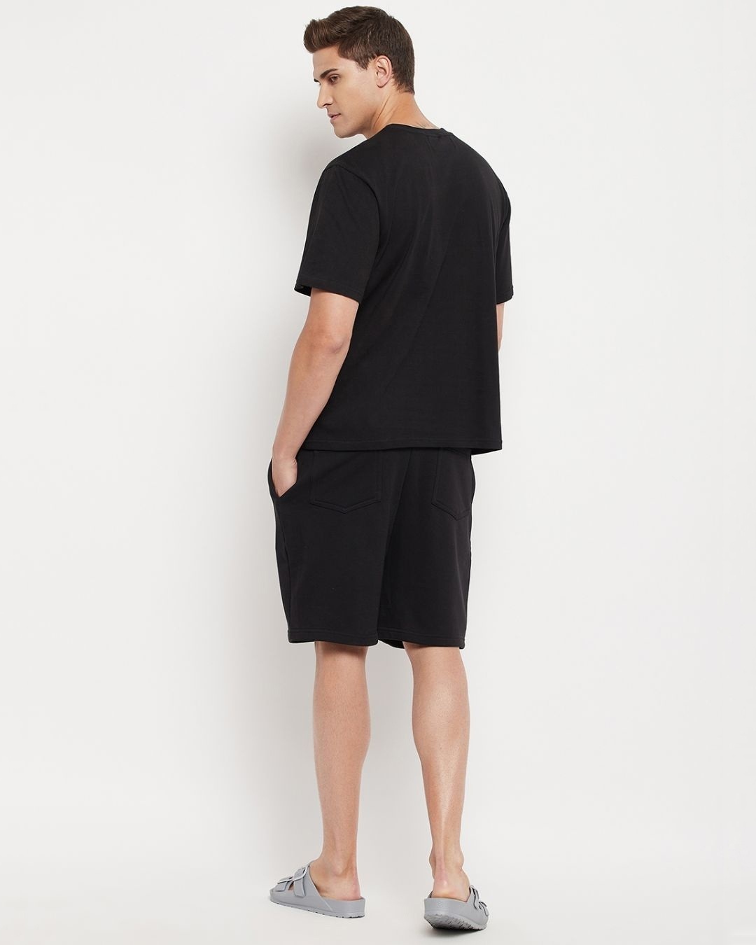 Shop Men's Black Oriental Waves Graphic Printed Oversized T-shirt & Shorts Set-Design