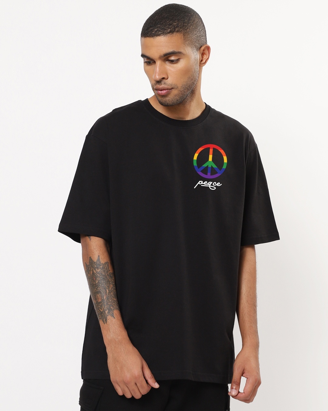 Shop Men's Black Peace Graphic Printed Oversized T-shirt-Front