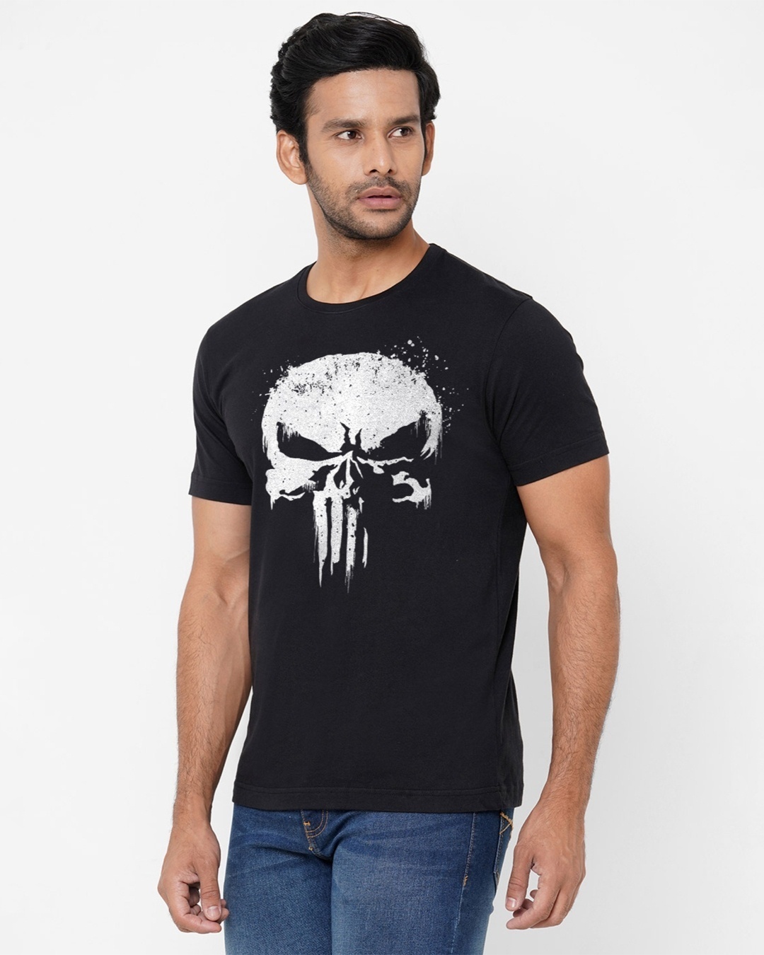 Shop Men's Black Punisher Skull Marvel Official Graphic Printed Cotton T-shirt-Back