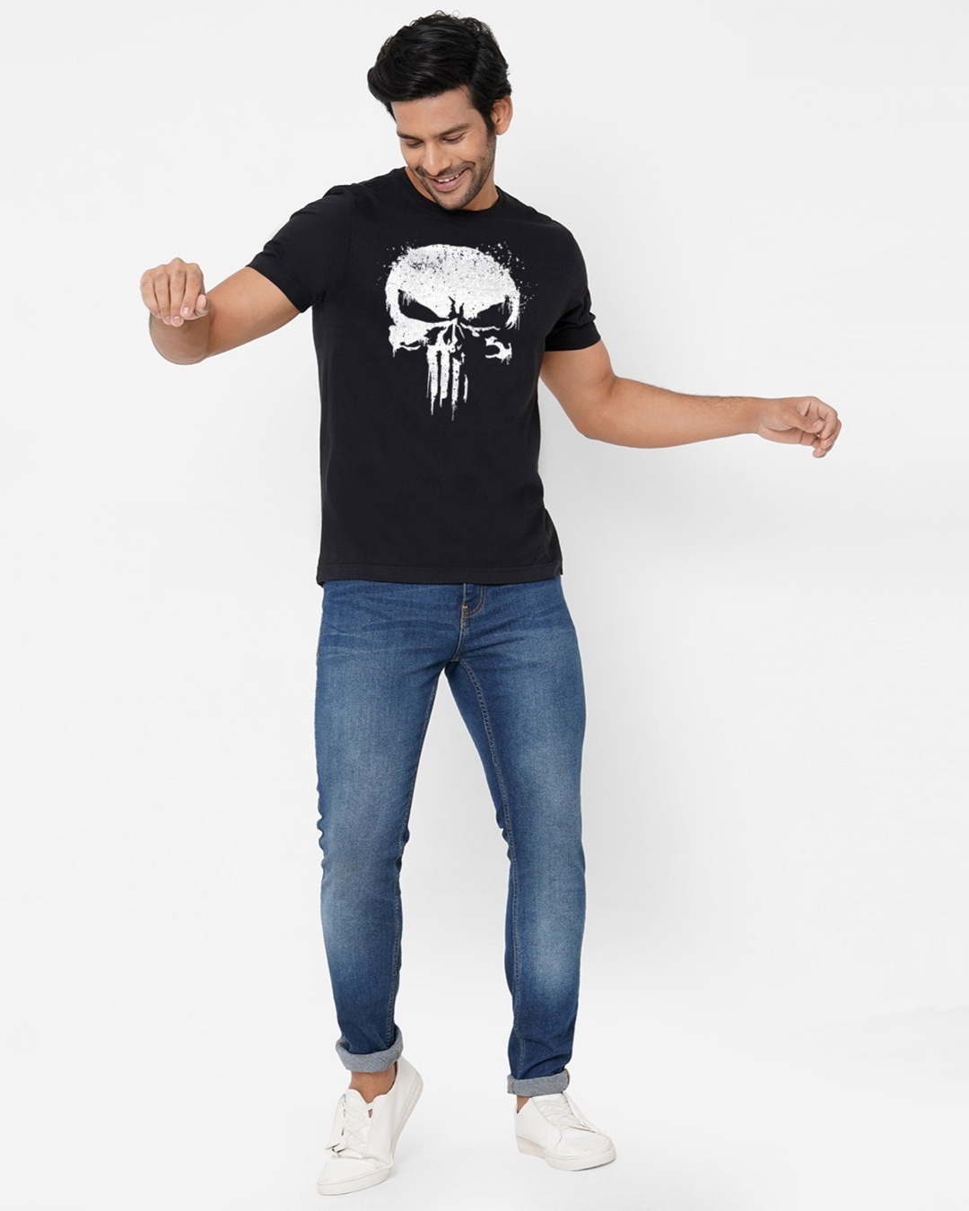 Shop Men's Black Punisher Skull Marvel Official Graphic Printed Cotton T-shirt-Full