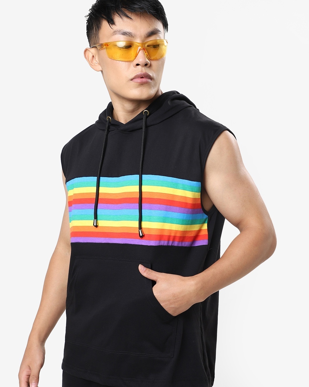 Shop Men's Black Sleeveless Multicolor Stripe Hoodie Sweatshirt-Front