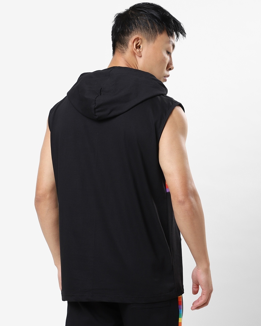Shop Men's Black Sleeveless Multicolor Stripe Hoodie Sweatshirt-Full