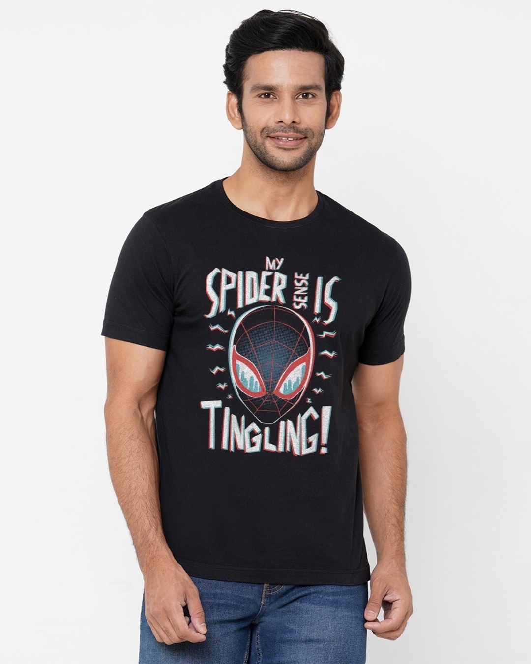 Shop Men's Black Spider Sense Marvel Official Typography Cotton T-shirt-Front