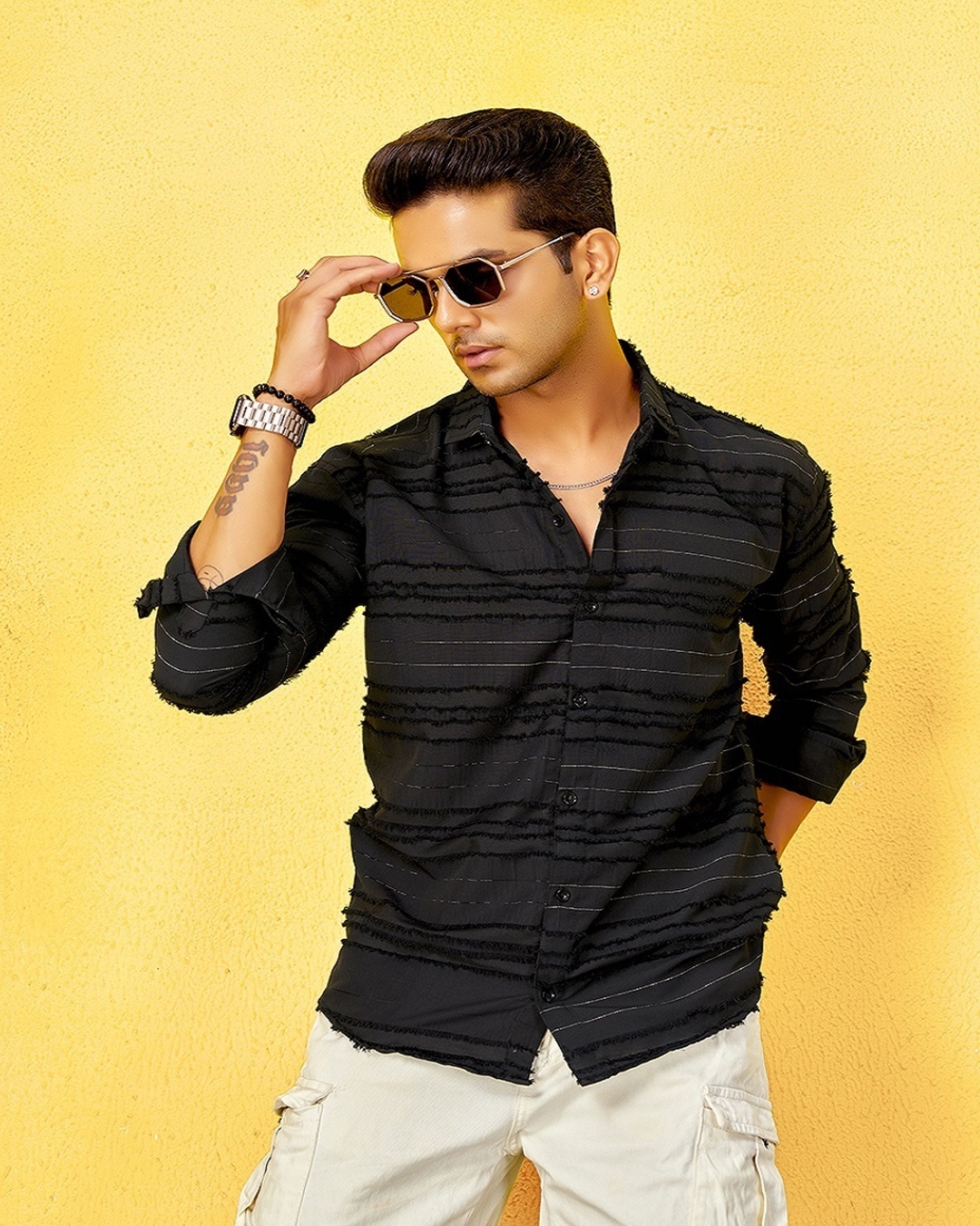Men's Black Striped Relaxed Fit Shirt paired with black shirt