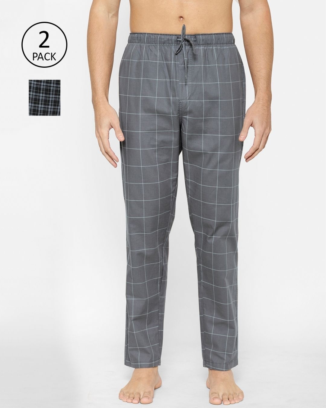 Shop Men's Black Super Combed Cotton Checkered Pyjama (Pack of 2)-Front