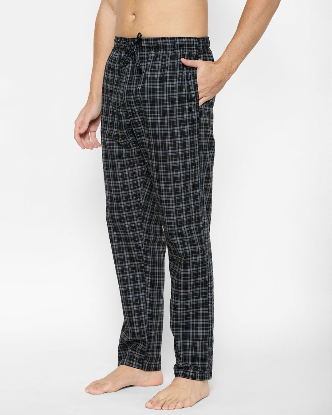 Shop Men's Black Super Combed Cotton Checkered Pyjama (Pack of 2)-Back