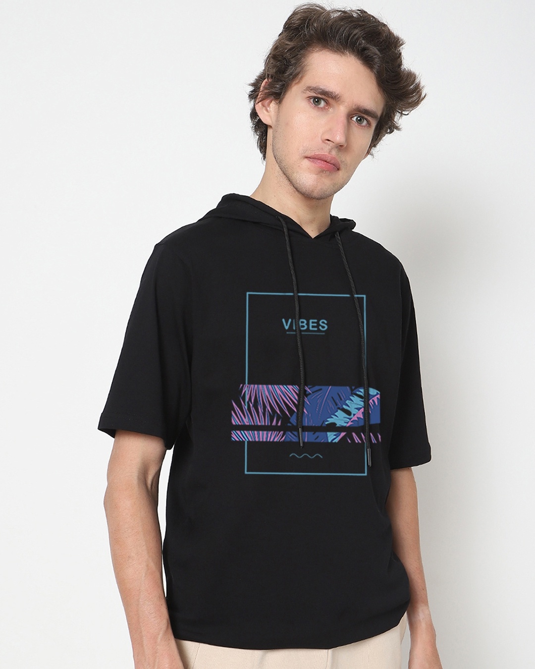 Shop Men's Black Vibes Graphic Printed Oversized Hoodie T-shirt-Front
